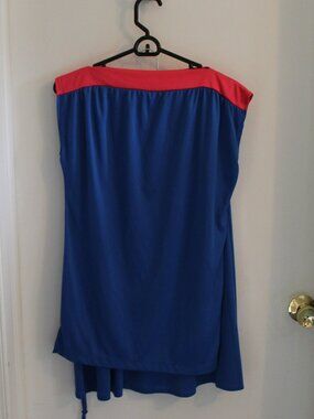 Vintage blue sleeveless skirt set, red trim/collar, blue wrap around skirt